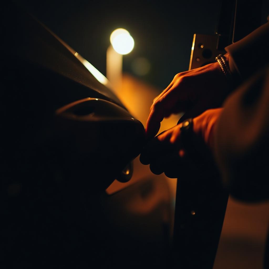 Locksmith working on a car lock at night